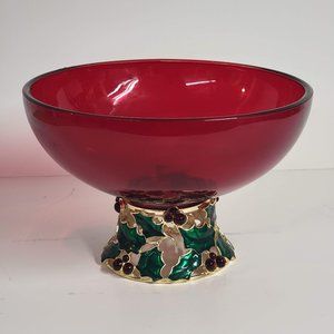 Vintage Teleflora Red Glass Pedestal Bowl Christmas Holiday Candy Dish Holly